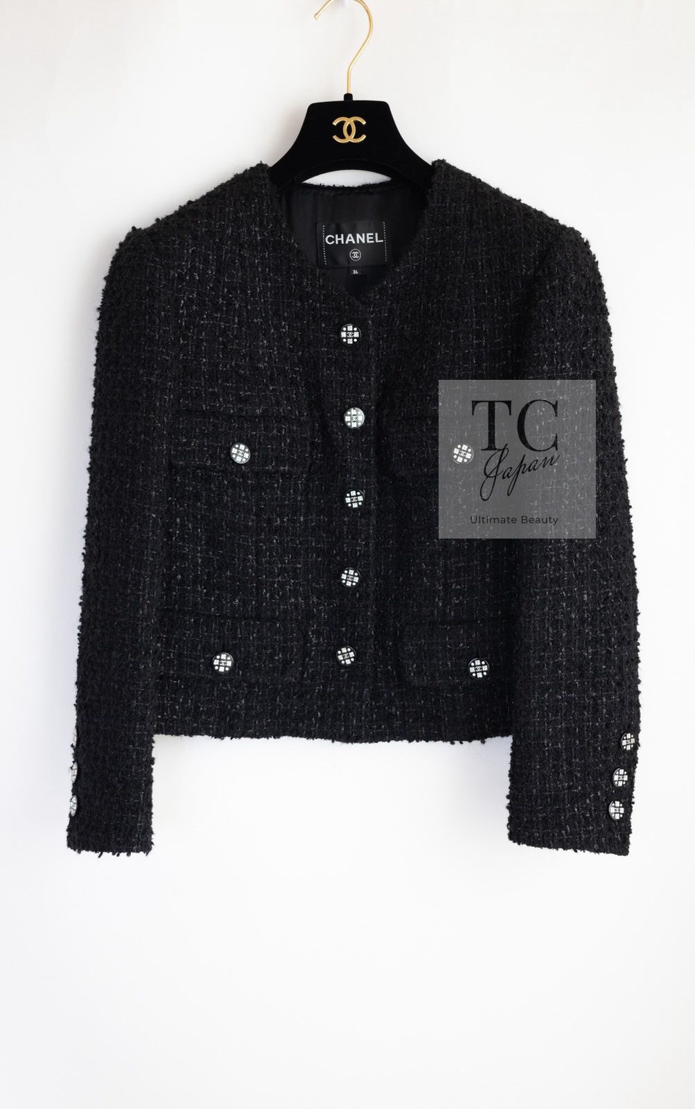 シャネル ジャケット CHANEL ブラック 黒 ココボタン ウール コットン