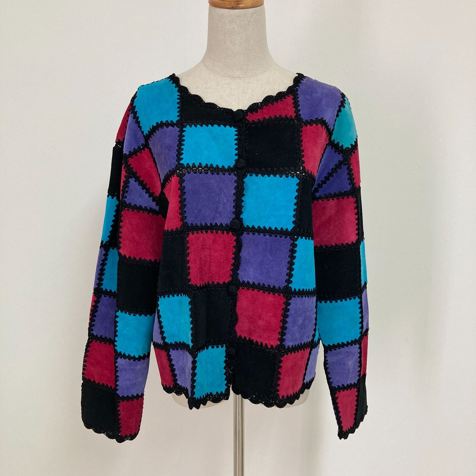 ヴィンテージ スウェードパッチワークカーディガン レザー レディース Lサイズ程度 ブルー パープル ピンク ブラック