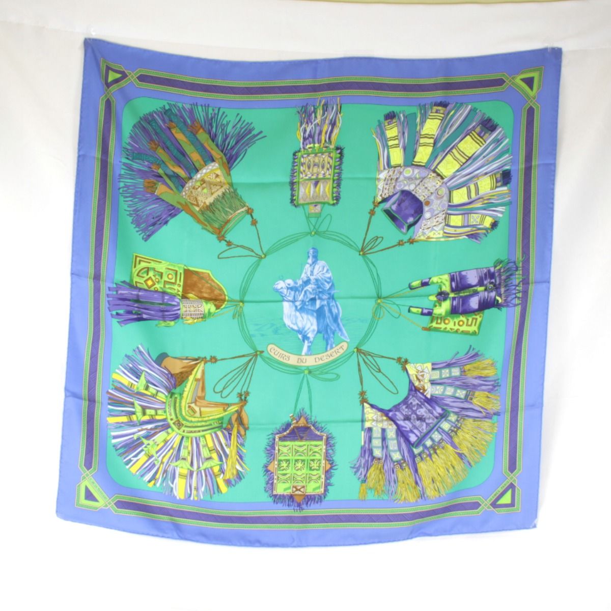 エルメス カレ90 COIRS DU DESERT 砂漠の革飾り スカーフ シルク ブルー