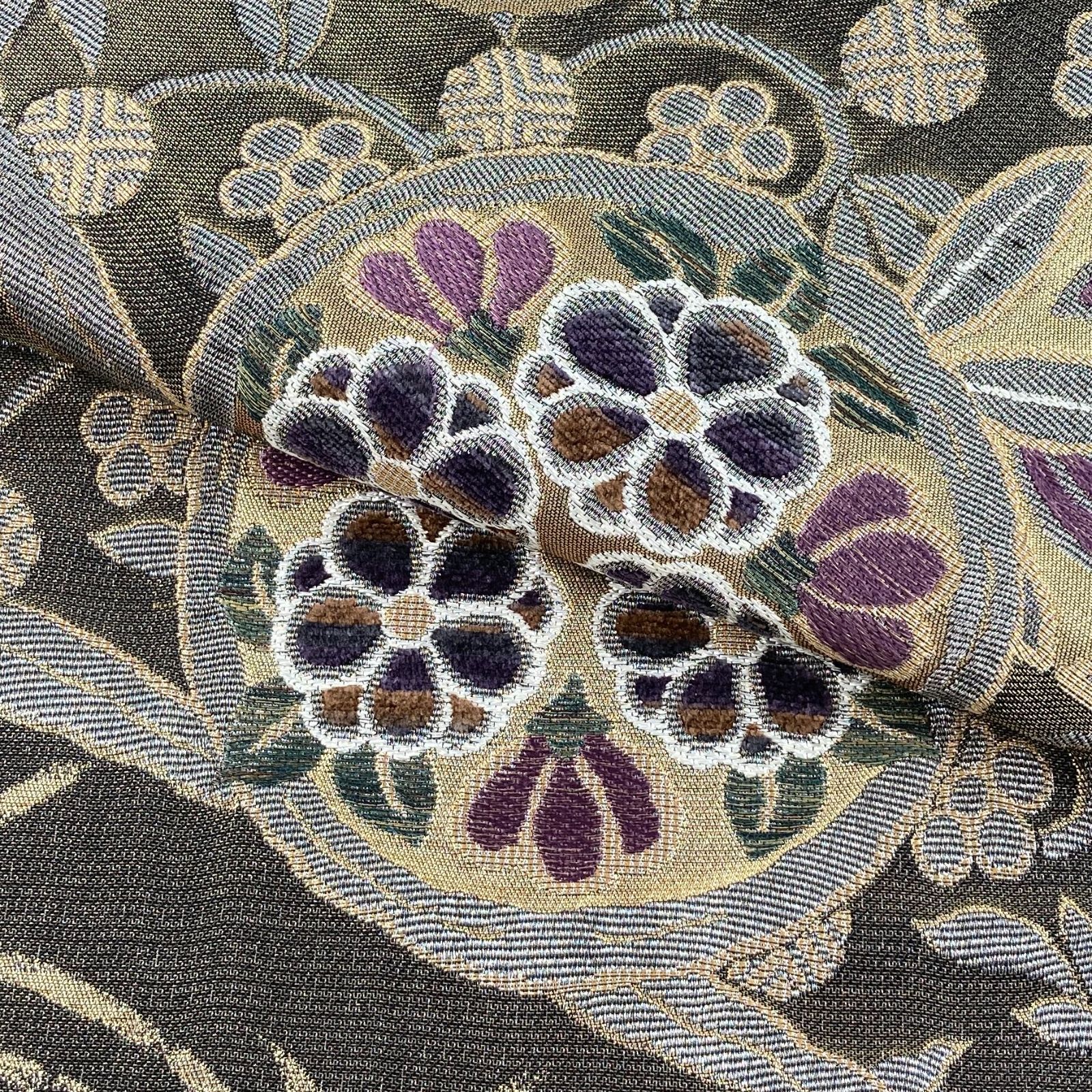 たんす屋 リユース帯 帯 袋帯 金 黒 セミフォーマル フォーマル 織り 花の丸 流水 源氏車 絹 六通 未洗い MS 7286