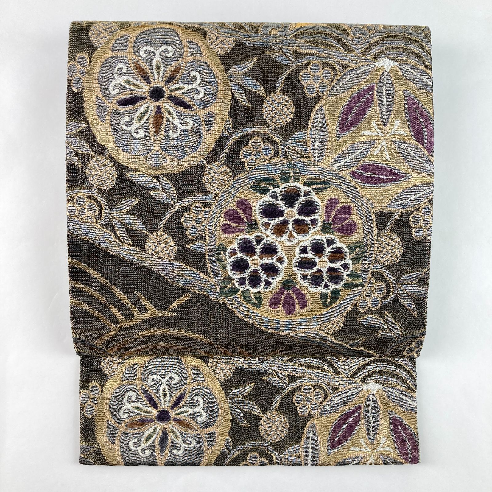 たんす屋 リユース帯 帯 袋帯 金 黒 セミフォーマル フォーマル 織り 花の丸 流水 源氏車 絹 六通 未洗い MS 7286