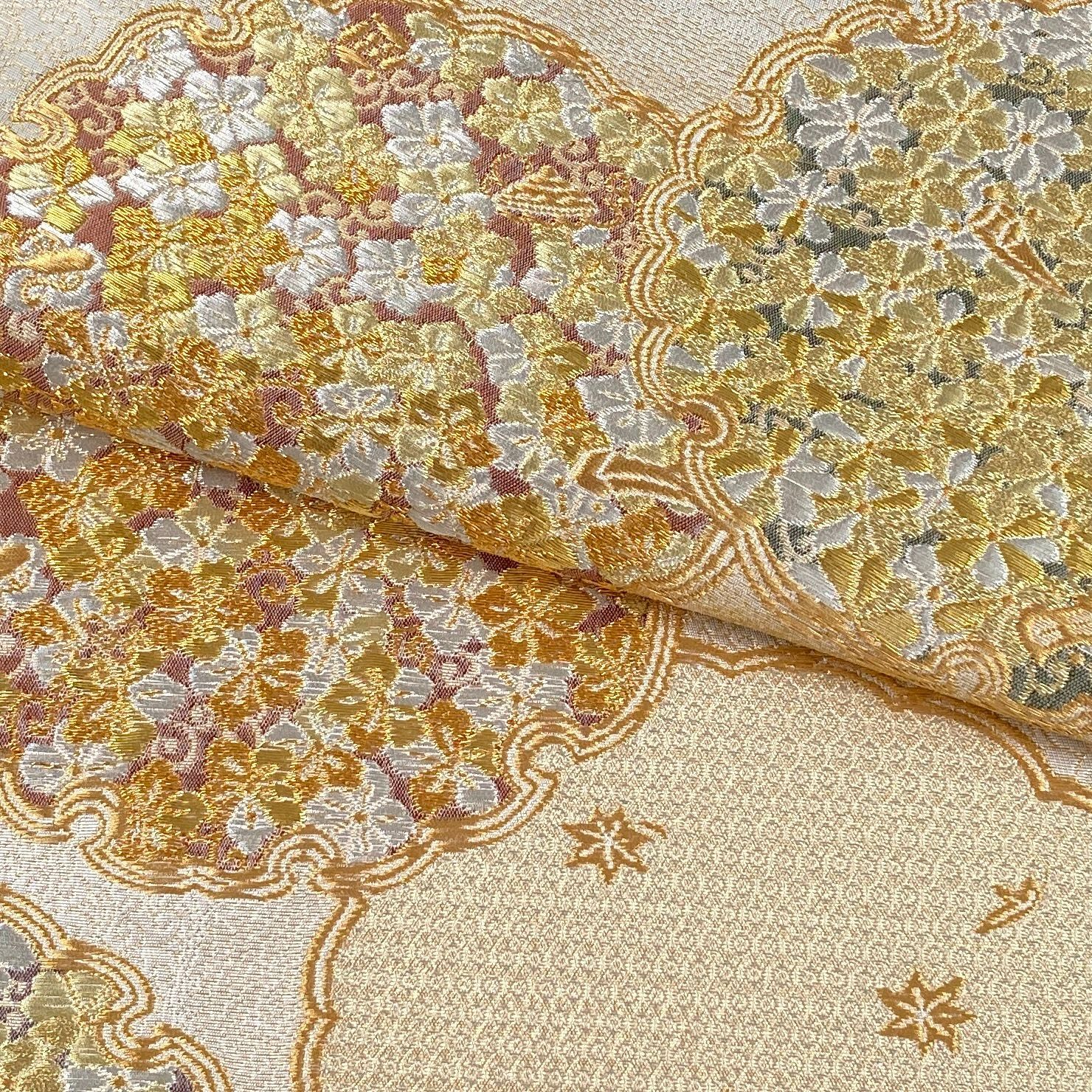 たんす屋 リユース帯 帯 袋帯 白金 セミフォーマル フォーマル 織り 雪輪 四季花 宝尽くし 絹 六通 未洗い MS 7284