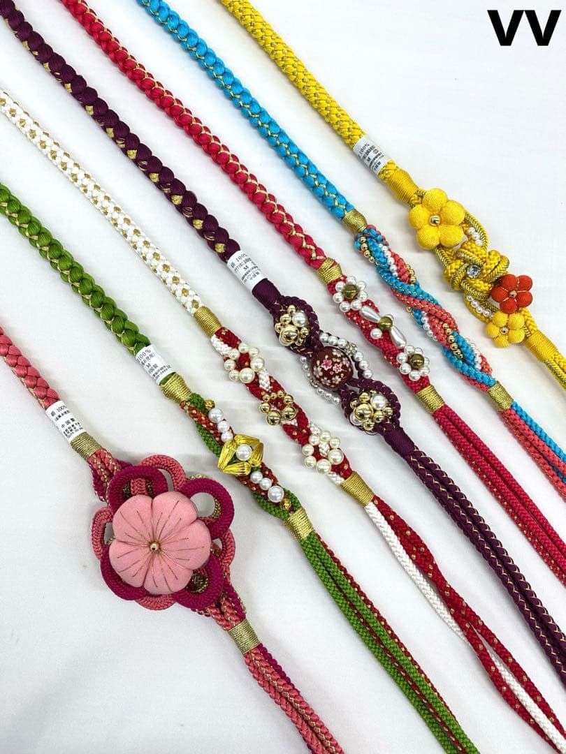 振袖用帯締め 飾り付き ちりめん細工 7本おまとめ 正絹 vv