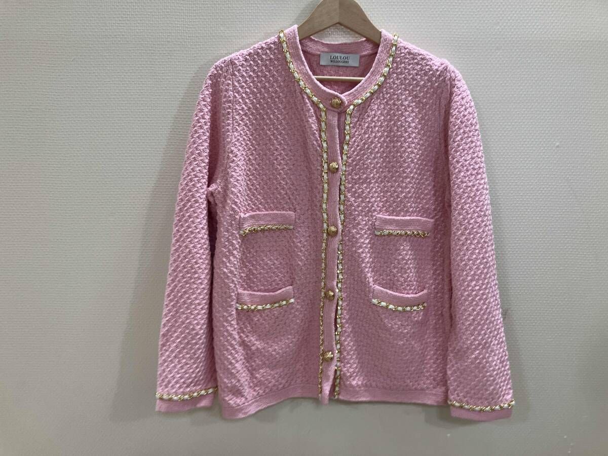 LOU 綿混ニットカーディガン ブークレーニットカーディガン 綿ニットカーデ スプリングカーデ ピンク 2 春