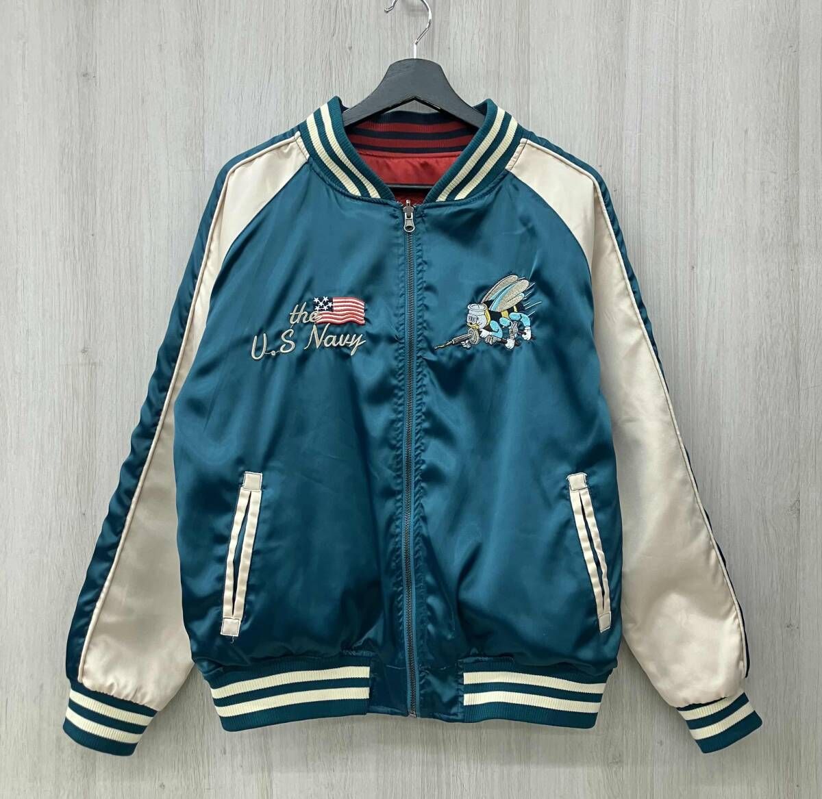 U S NAVY ユーエスネイビー スカジャン サテンリバーシブルスカジャン 蜂鶴刺繍 グリーン系 Mサイズ