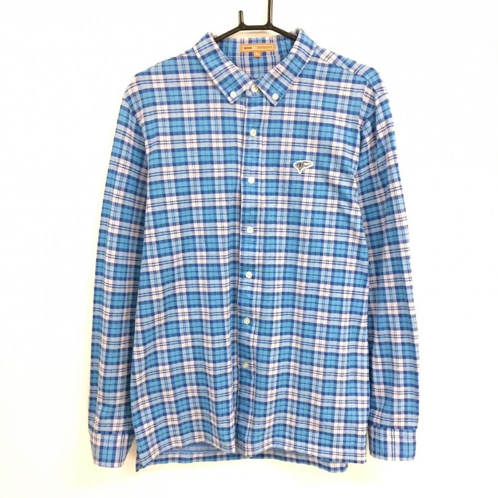 超 ビームスゴルフ 長袖シャツ ライトブルー×白 チェック ボタンダウン メンズ XL ゴルフウェア BEAMS GOLF