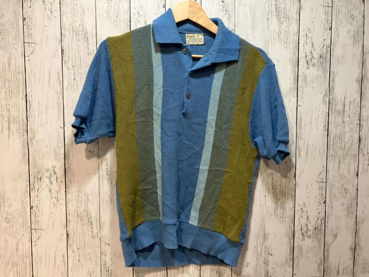 Sears 60 70 s シアーズ ニットポロ ポロシャツ ストライプ ブルー