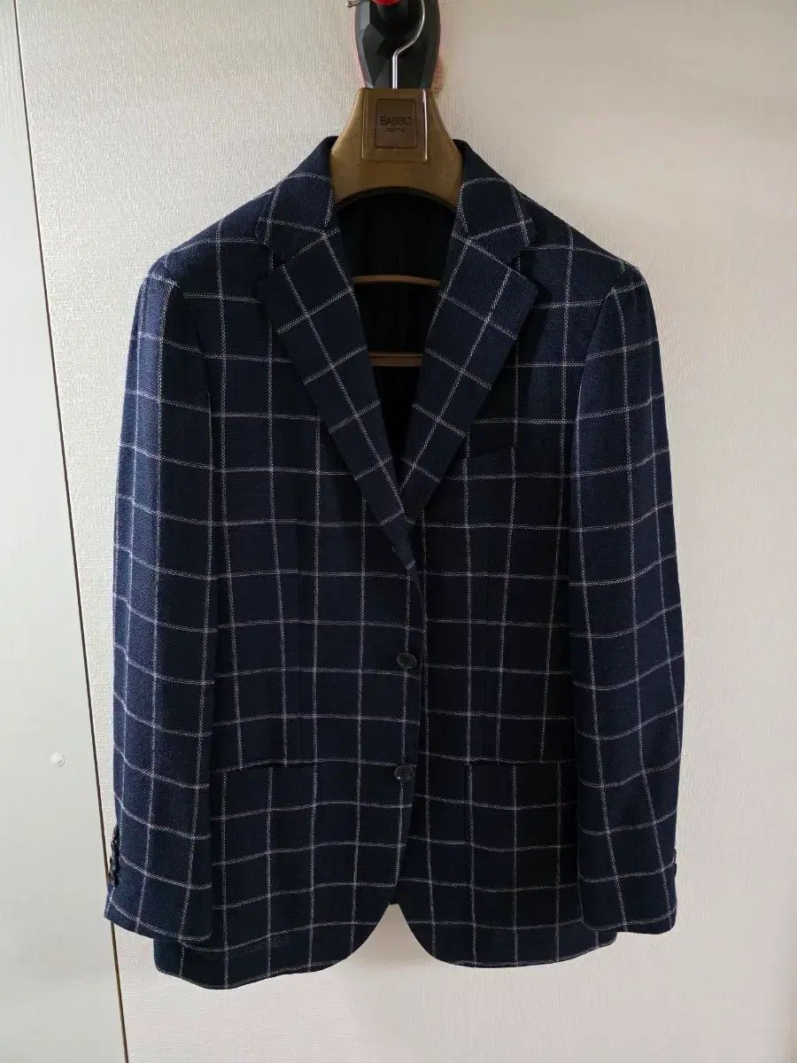 ソブリン ダークネイビー ウールリネン ホップサック チェック スポーツコート