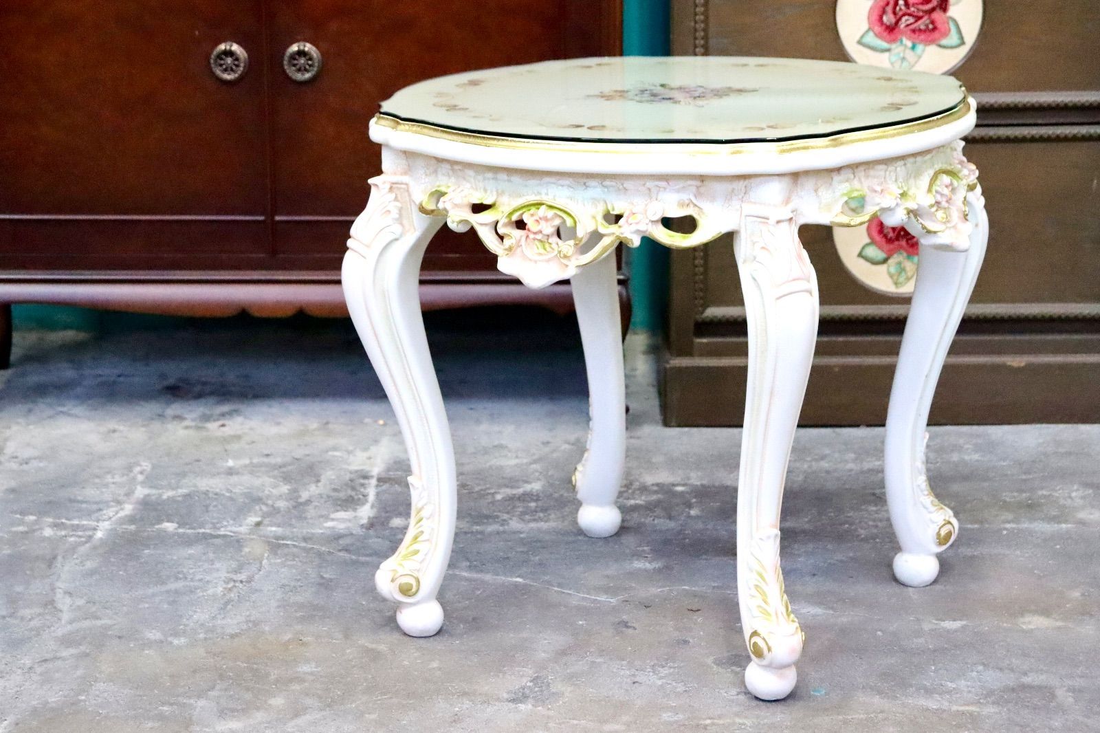 ○サイドテーブル コーヒーテーブル 飾り台 花台 猫脚 ヨーロピアン ロココ調 アンティーク エレガント 花柄