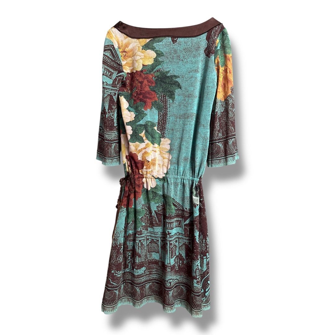 TAM ヴィヴィアンタム パワーネット 牡丹プリントワンピース オリエンタル 鳥 花柄 ストレッチ ウエスト調整 七分袖 プルオーバー レディース サイズXS グリーン系 春 23 No K 1158