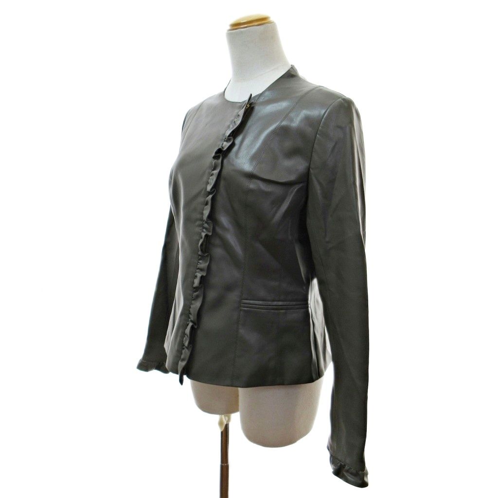 銀座マギー★カウレザー ライダースジャケット ノーカラー フリル 本革 ブラック 銀座マギー 近年モデル フェイクレザー ノーカラージャケット 革ジャン