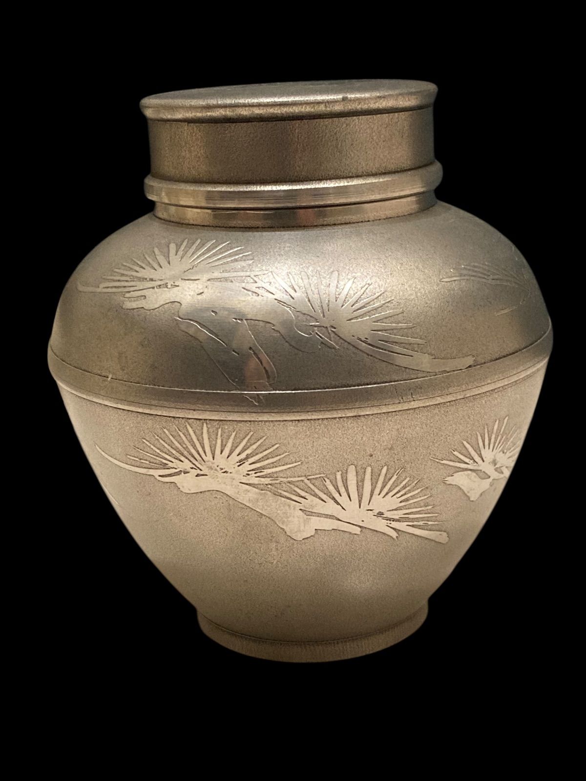 正錫 岩切 松鶴文様 錫製 茶壷 薩摩錫器 伝統工芸品 茶筒 茶心壺 錫