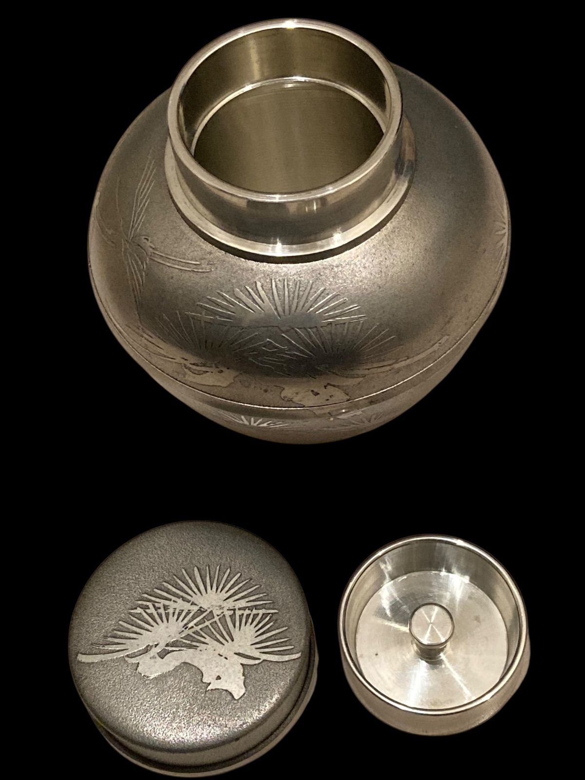 薩摩錫器　さつま岩切　正錫　松鶴文　茶壷　茶心壷　約350g　C　7729 薩摩錫器さつま岩切正錫松鶴文茶壷茶心壷約350gC7729