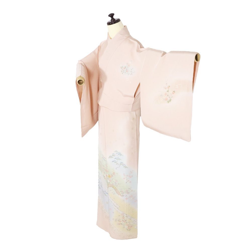 友禅訪問着 袷 正絹 ピンク 水色 薄緑 ベージュ 松竹梅 桜 菊 橘 片車輪 Lサイズ ki 31588 レディース ギフト フォーマル