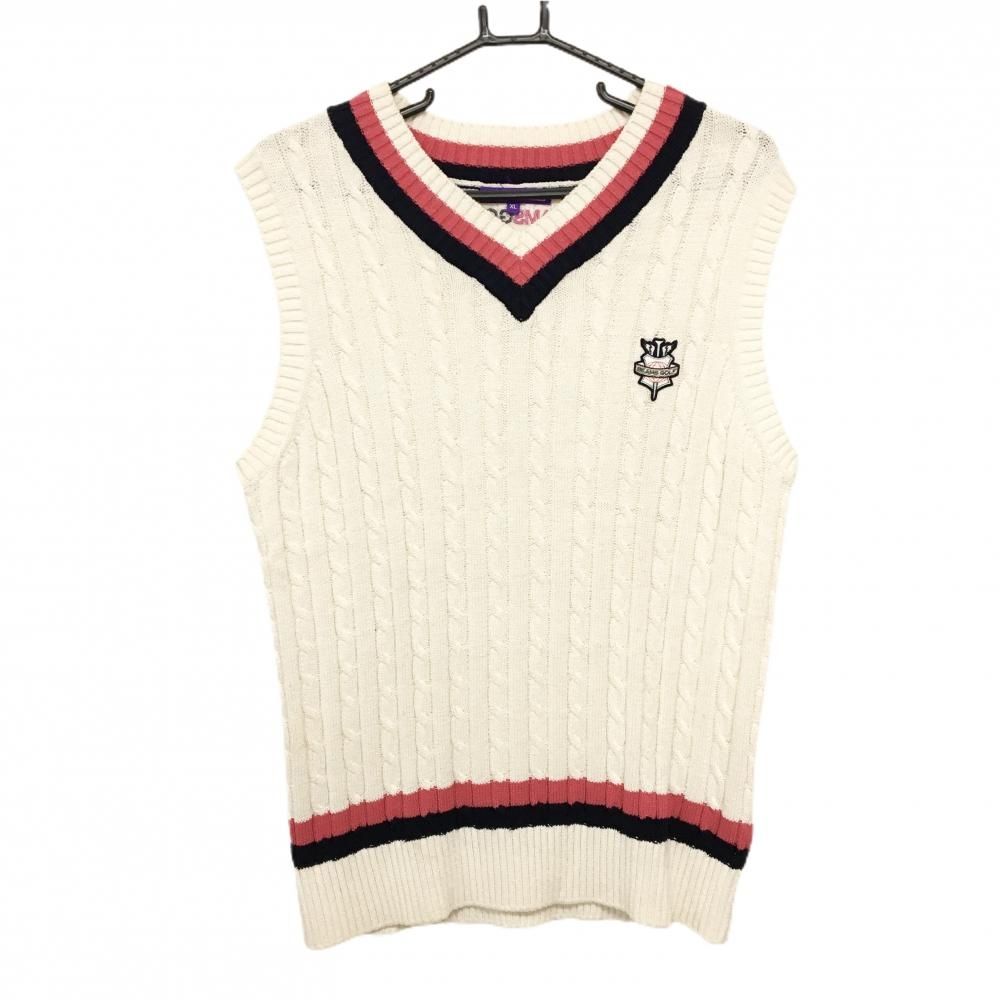 ビームスゴルフ ニットベスト アイボリー×ピンク×ネイビー ケーブル編み Vネック 綿100％ メンズ XL ゴルフウェア BEAMS GOLF
