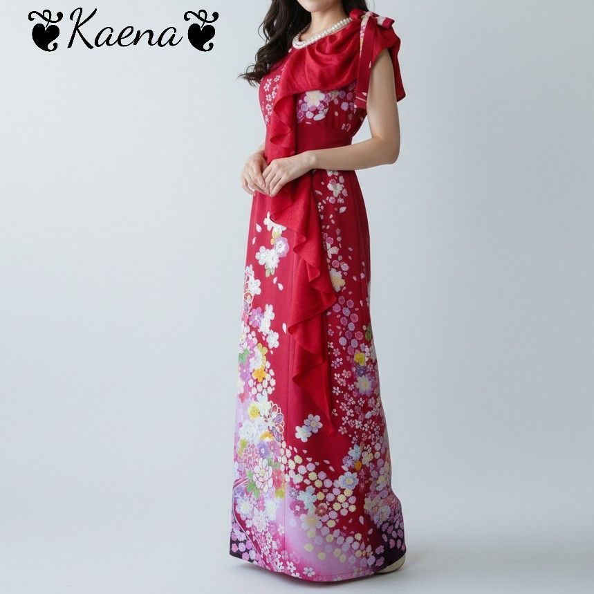 ❦Kaena❦ 着物リメイク ワンピース ロング ドレス 振袖 アシンメトリー マルチway フリル Aライン ベルト紐 後ろボタン 金彩 結婚式 パーティー セレモニー ステージ衣装 オケージョン フォーマル