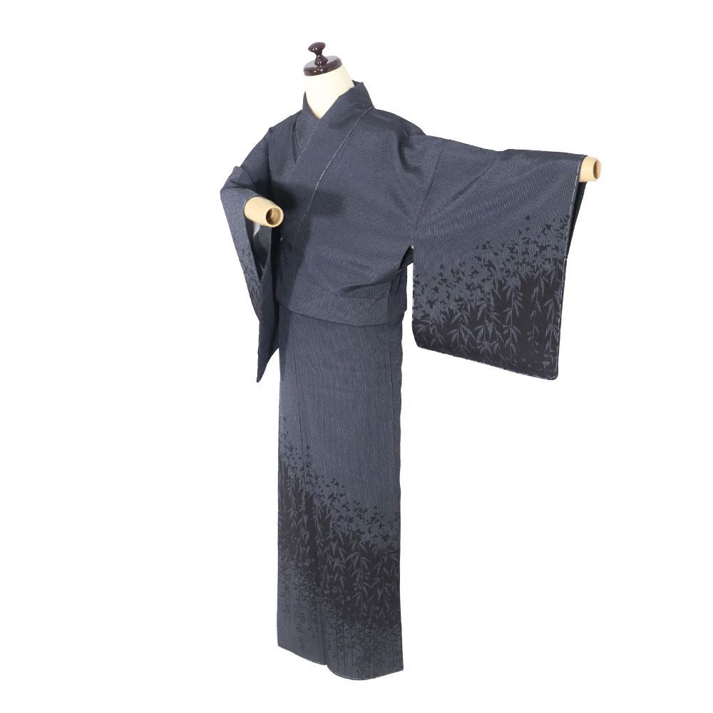 塩沢紬紬 訪問着 袷 正絹 黒 紺 桜 笹 縦縞 Mサイズ ki 31585 レディース シルク ギフト セミフォーマル 30代 40代 50代