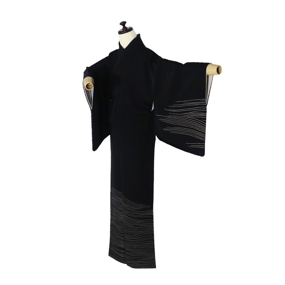 訪問着 袷 正絹 黒 横縞 Mサイズ ki 31589 ほうもんぎ レディース シルク ギフト フォーマル 30代 40代 50代