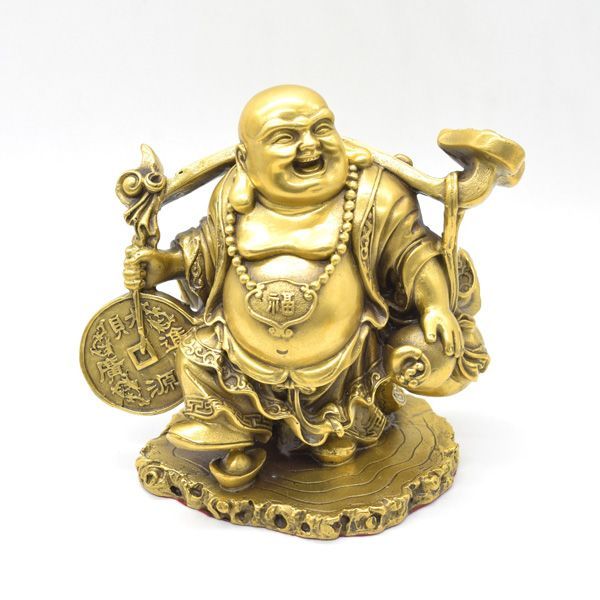 笑佛 布袋 置物 銅製 18 cm 笑い仏 如意棒 古銭持ち 財源廣進