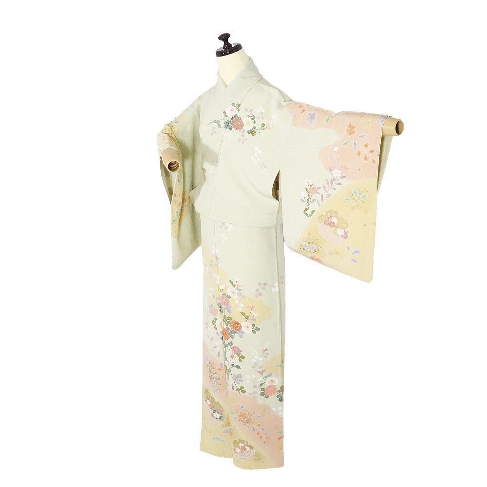 絞り訪問着 袷 正絹 薄緑 ピンク ベージュ 絞り 松竹梅 金箔 雪輪文 菊 椿 梅 桔梗 菖蒲 SMサイズ ki 31592 フォーマル