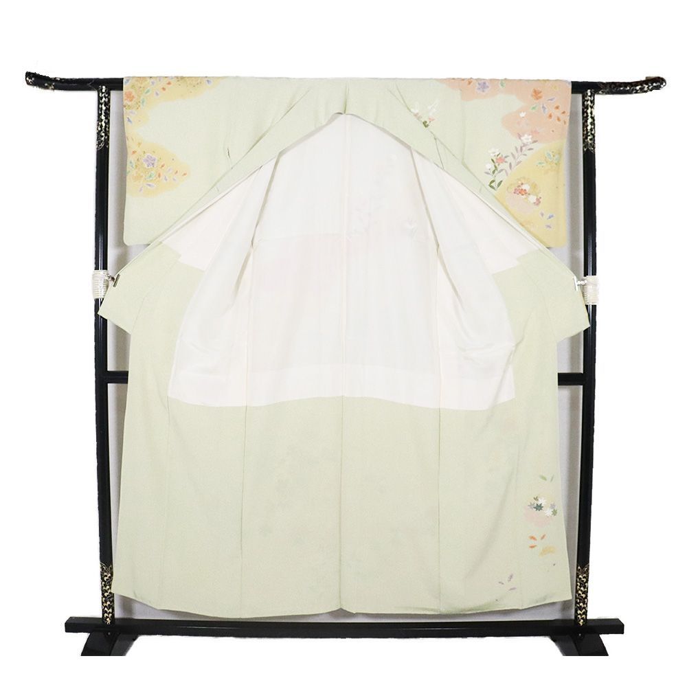 絞り訪問着 袷 正絹 薄緑 ピンク ベージュ 絞り 松竹梅 金箔 雪輪文 菊