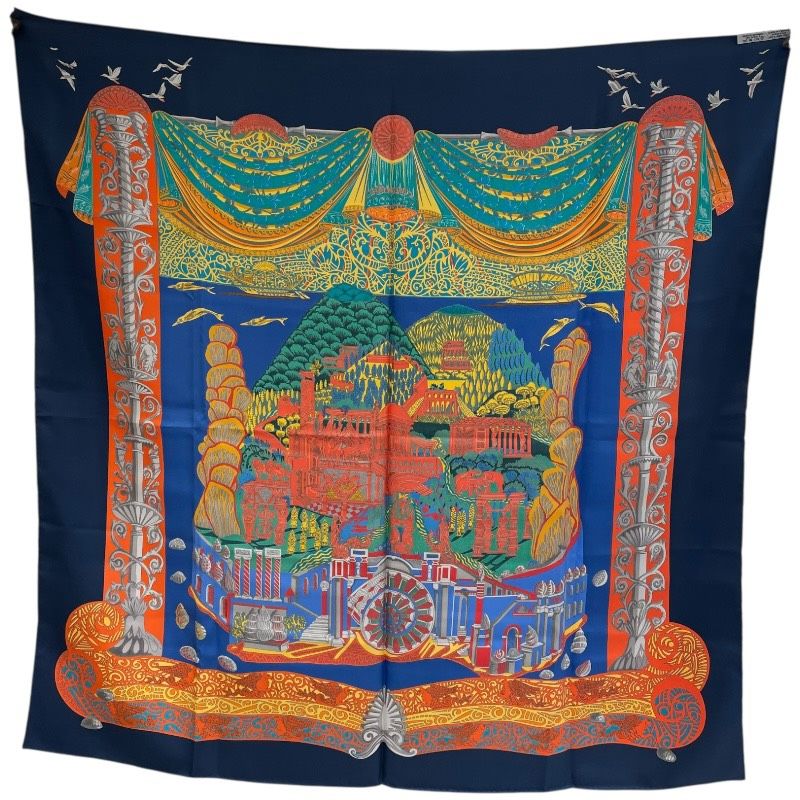 エルメス HERMES カレ90 L’ATLAN TIDE ネイビー シルク100％ レディース スカーフ