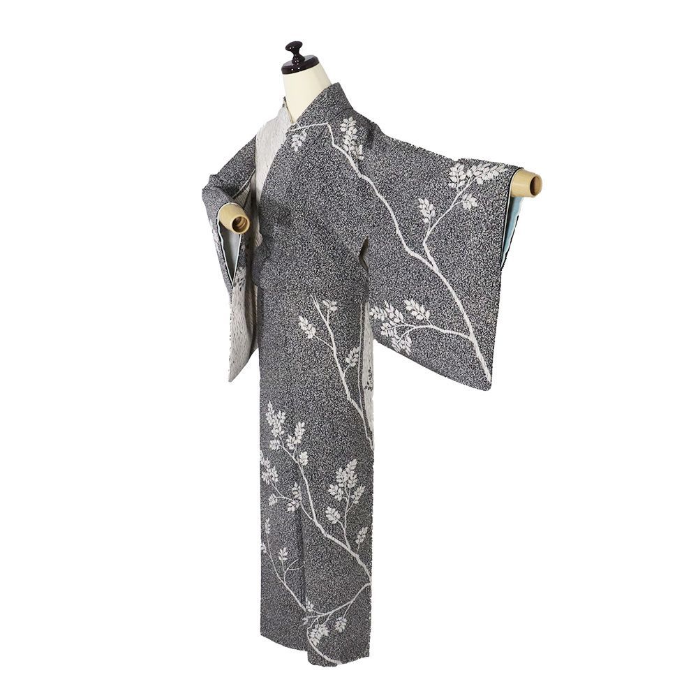 誂友禅競技会 特別優秀賞 訪問着 袷 正絹 白 黒 樹木 葉柄 よろけ縞 SMサイズ ki 31596 レディース シルク 30代 40代 50代