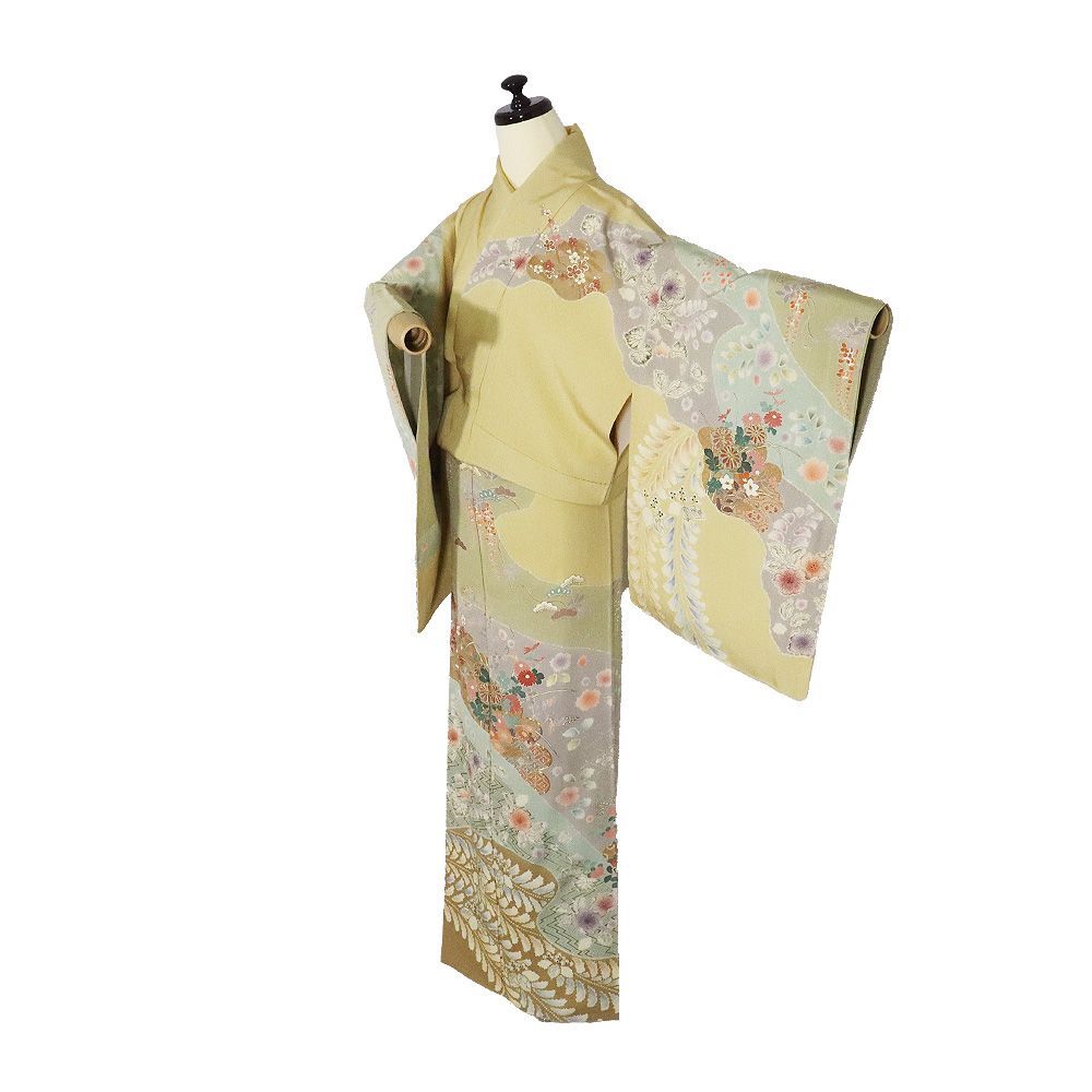 訪問着 袷 正絹 辛子色 緑 グリーン 抹茶色 辻が花 桐 菊 松竹梅 流水 7号 Sサイズ ki 31599 ♥品 レディース フォーマル