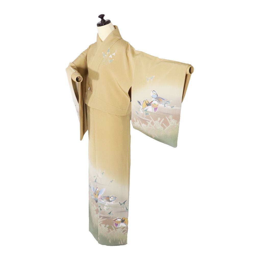 十日町友禅 遠田藤舟氏作 訪問着 袷 正絹 辛子色 赤紫 緑 暈し オシドリ Mサイズ ki 31600 レディース ギフト フォーマル