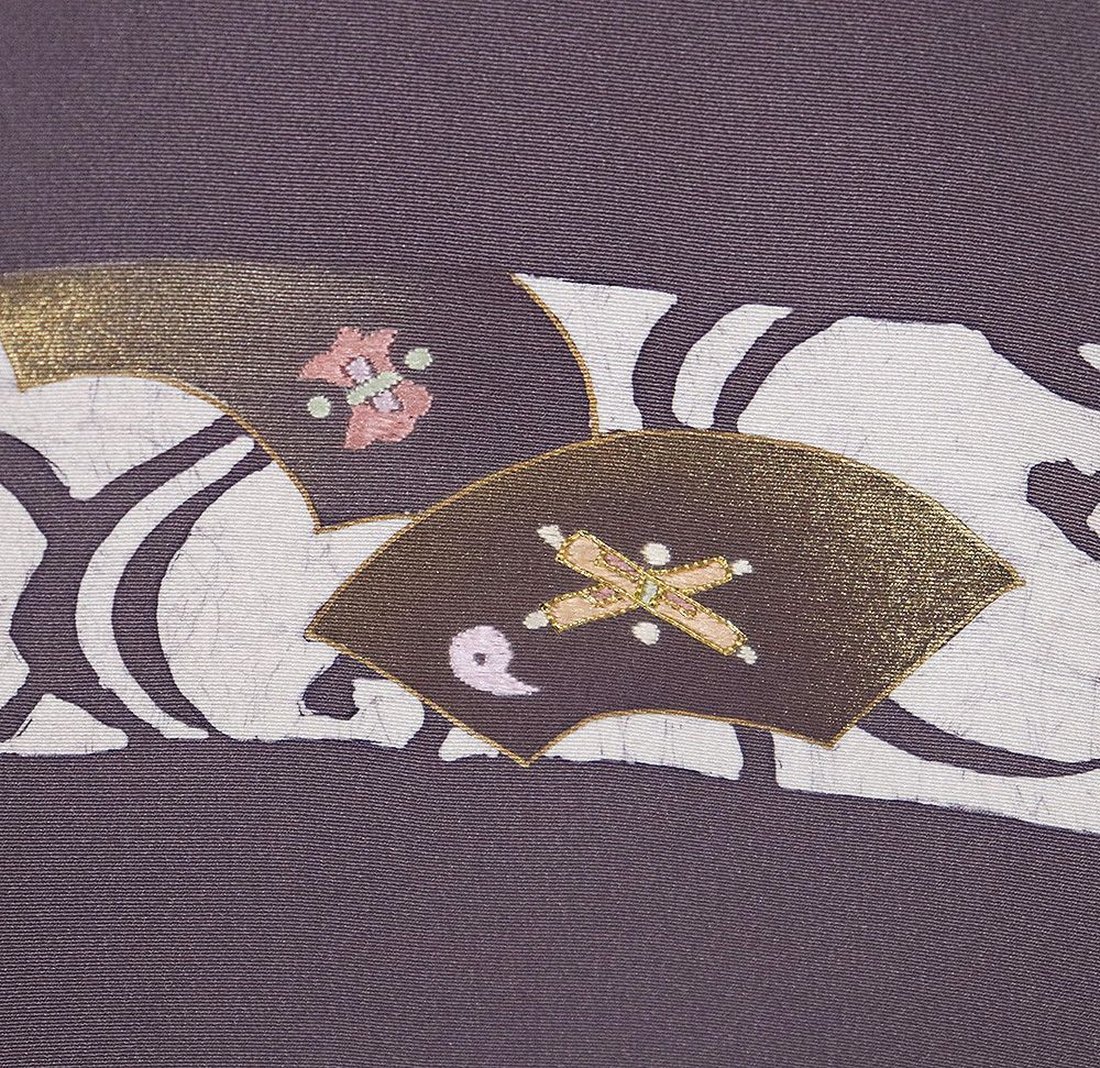 訪問着 袷 正絹 グレー紫 金箔 地紙文 刺繍 宝尽くし Sサイズ ki31601