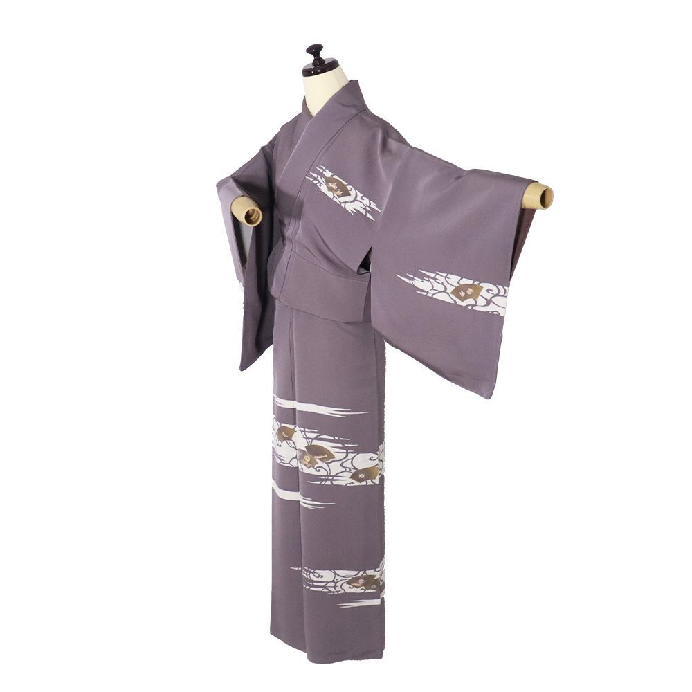 訪問着 袷 正絹 グレー紫 金箔 地紙文 刺繍 宝尽くし Sサイズ ki 31601 レディース シルク フォーマル 30代 40代 50代