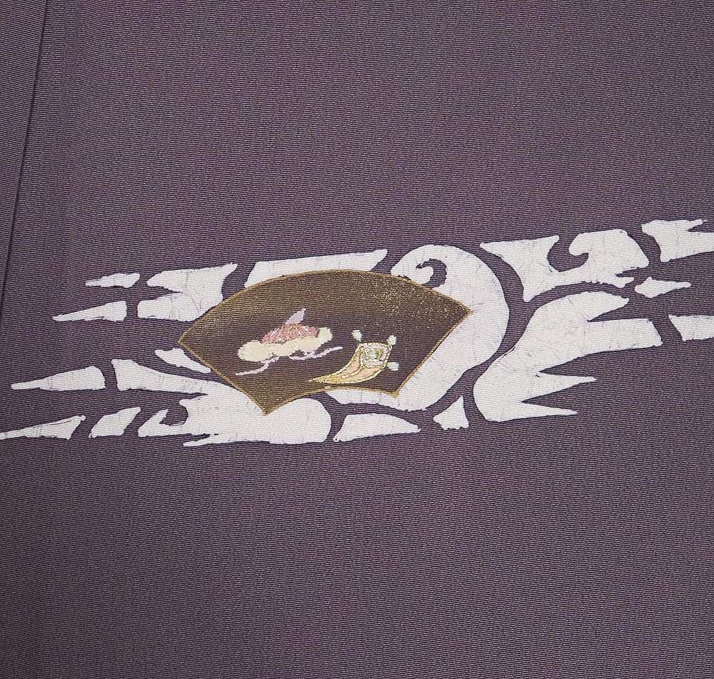 訪問着 袷 正絹 グレー紫 金箔 地紙文 刺繍 宝尽くし Sサイズ ki31601