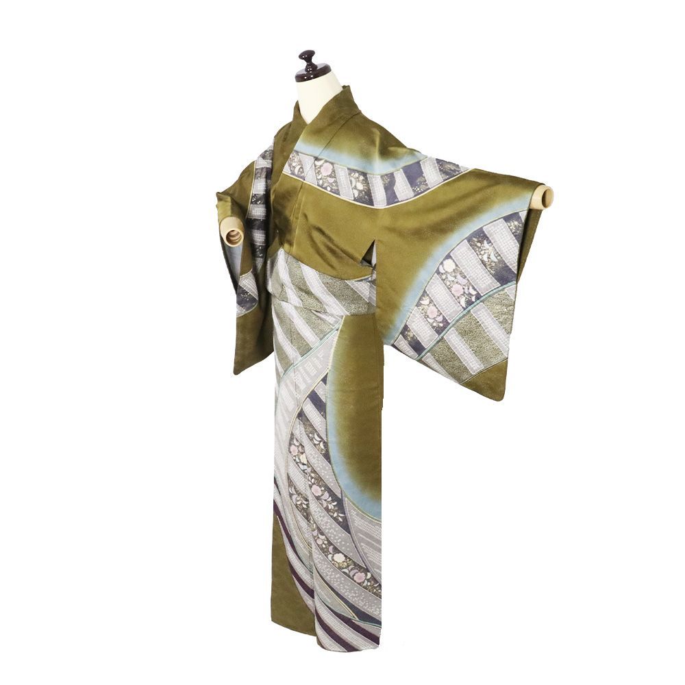 辻が花訪問着 袷 正絹 緑 水色 紫 グレー 銀糸通し 絞り 辻が花 鹿の子 熨斗文 SMサイズ ki 31602 レディース フォーマル