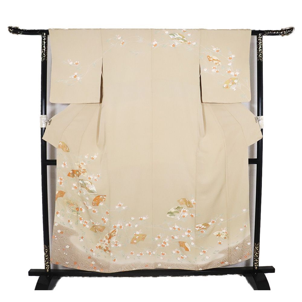 訪問着 袷 正絹 オーク色 檜扇 橘 松竹梅 菊 南天 藤 椿 紅葉 桜 SM