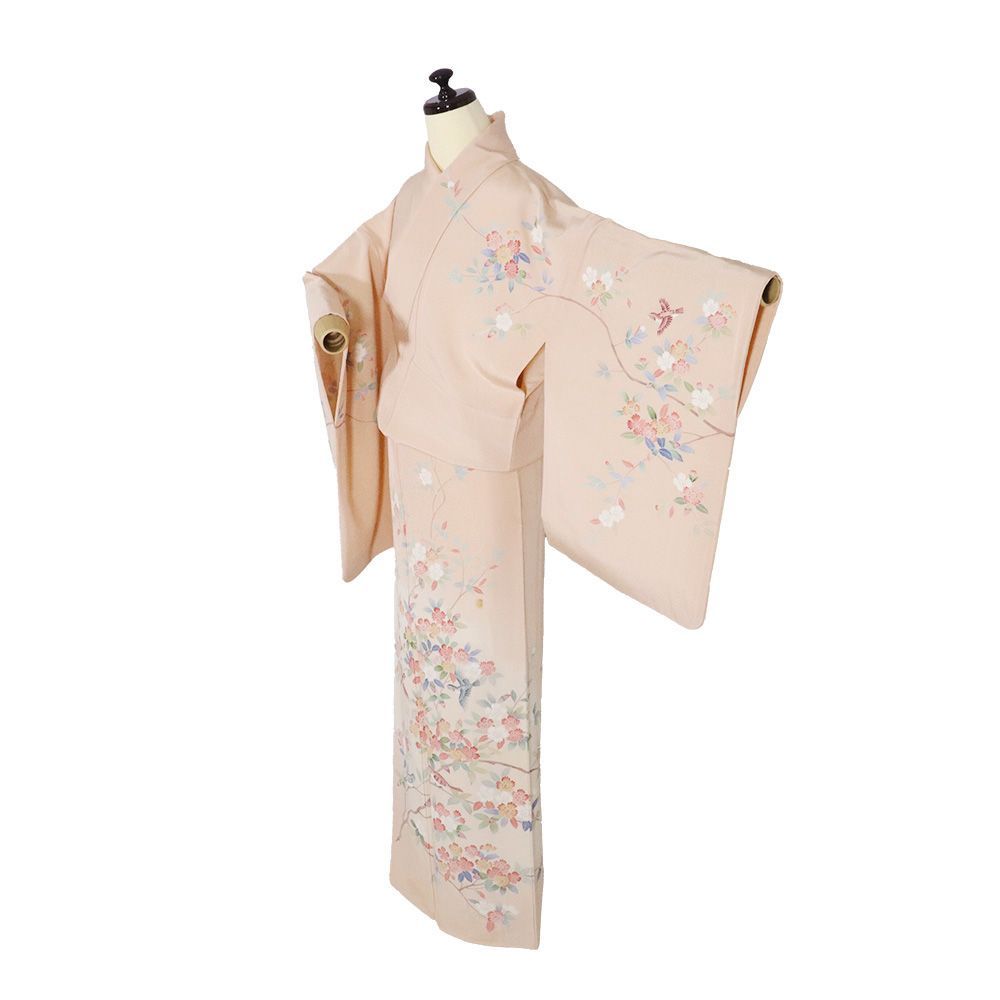 訪問着 袷 正絹 オーク色 檜扇 橘 松竹梅 菊 南天 藤 椿 紅葉 桜 SMサイズ ki 31603 レディース シルク ギフト フォーマル