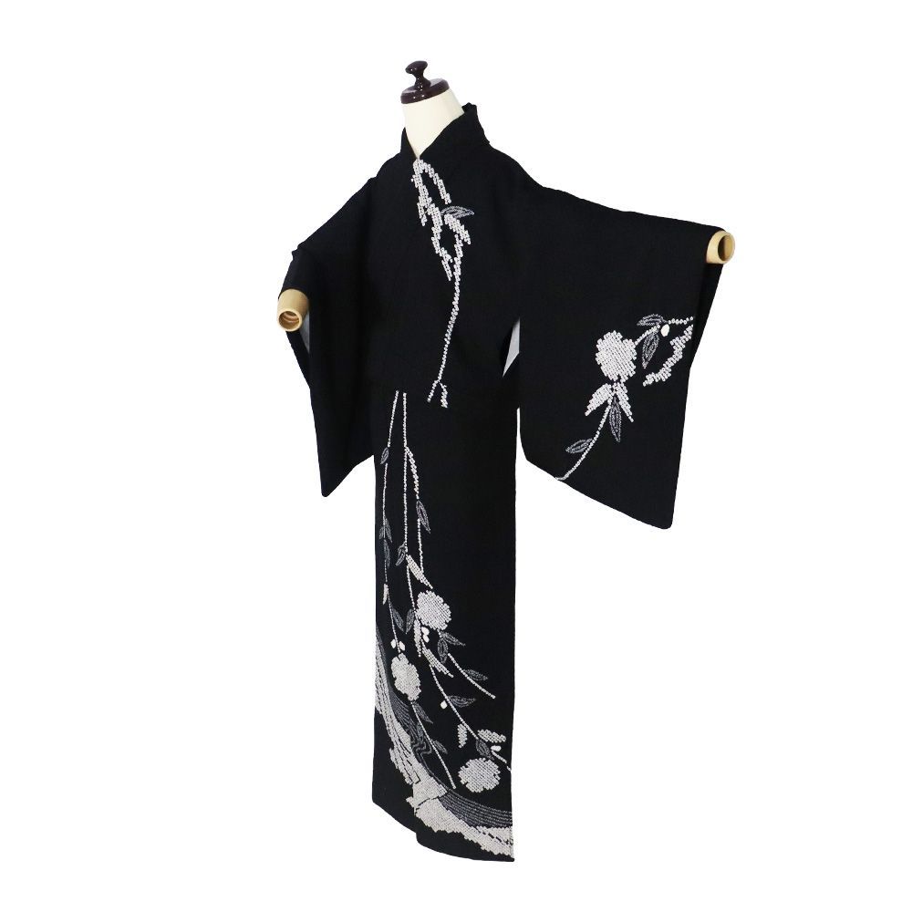 絞り訪問着 袷 正絹 黒 絞り 枝垂れ花 流水 Mサイズ ki 31604 レディース シルク ギフト フォーマル 20代 30代 40代