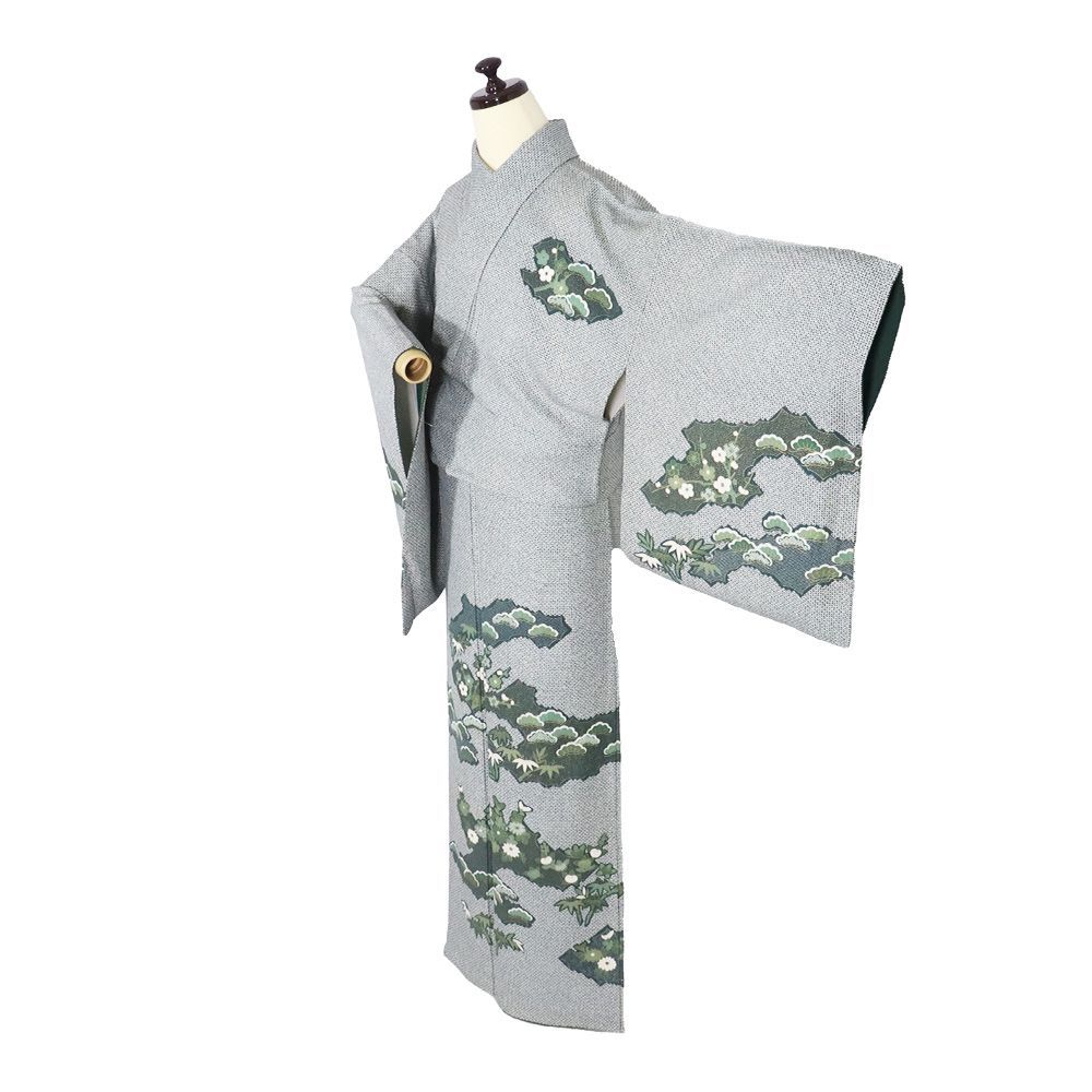 訪問着 袷 正絹 緑 松竹梅 源氏雲 鹿の子 MLサイズ ki 31605 レディース シルク ギフト フォーマル 20代 30代 40代
