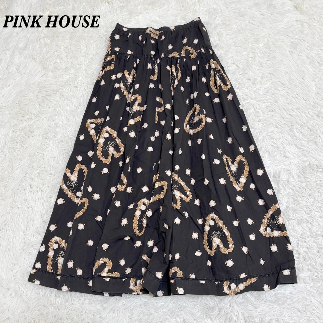 PINK HOUSE ハートリース柄 マキシ丈スカート サイズF 黒