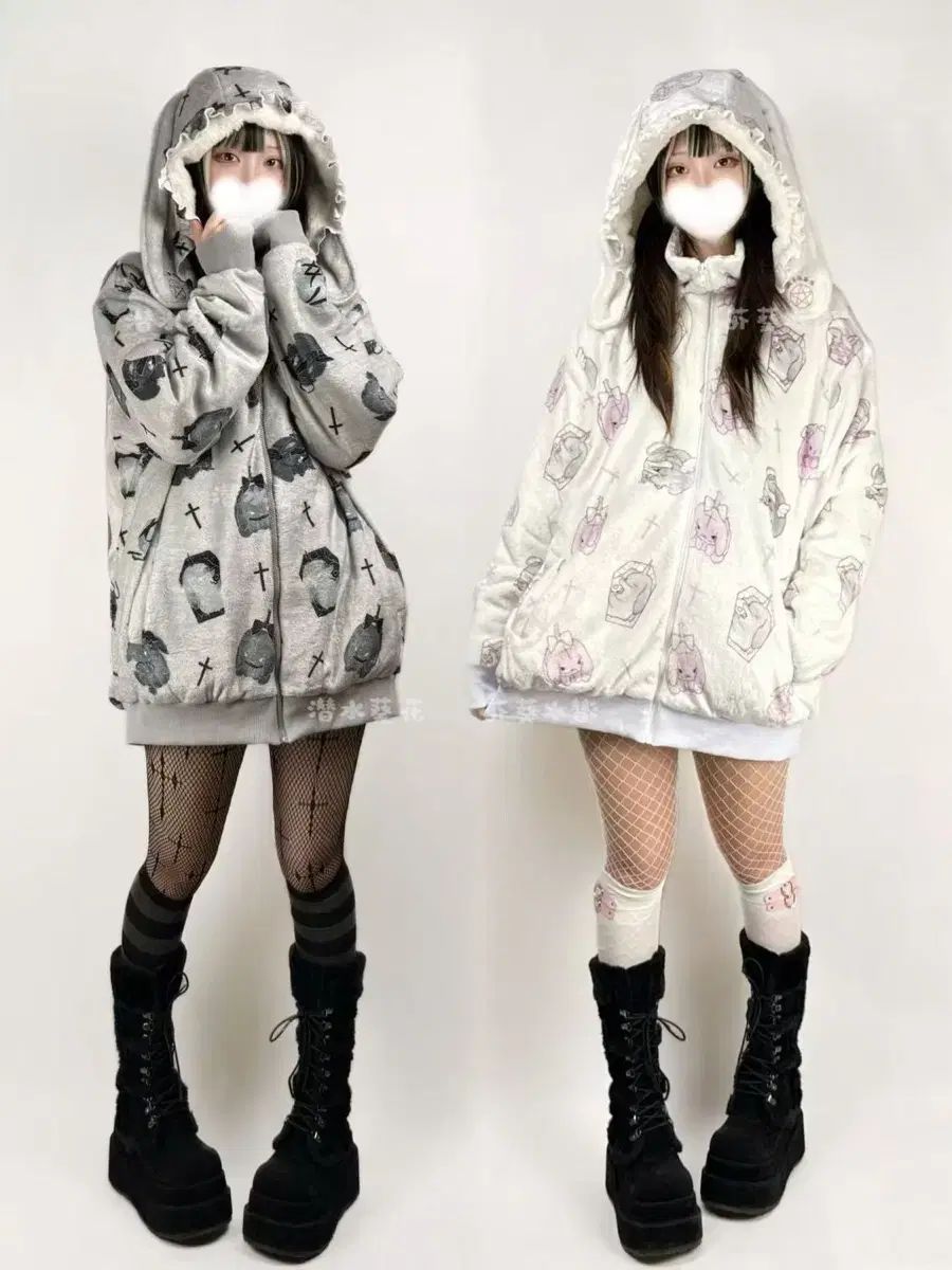 地雷系サブカルチャー クロス うさぎ プリント フラッフィー フード ジップアップ 2 COLOR