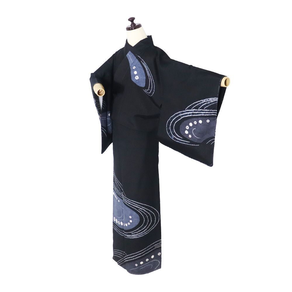 薩摩染織謹製 本場大島紬 後染創作大島紬 絞り訪問着 袷 正絹 黒 グレー紫 絞り 水玉 流水 15号 Lサイズ ki 31607 ♥品 レディース