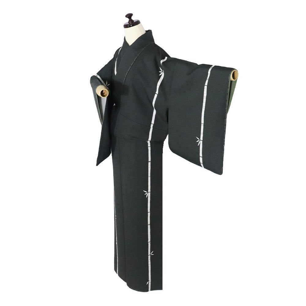 紬 訪問着 袷 正絹 緑 ローケツ染 竹笹 15号 Mサイズ ki 31608 ♥品 レディース シルク ギフト セミフォーマル カジュアル