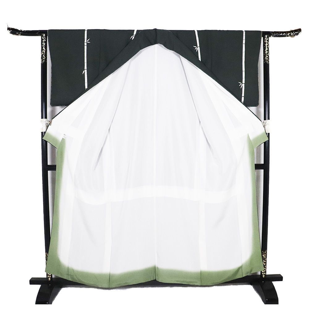  紬 訪問着 袷 正絹 緑 ローケツ染 竹笹 15号 Mサイズ ki 31608 ♥品 レディース シルク ギフト セミフォーマル カジュアル 訪問着 付け下げ 着物