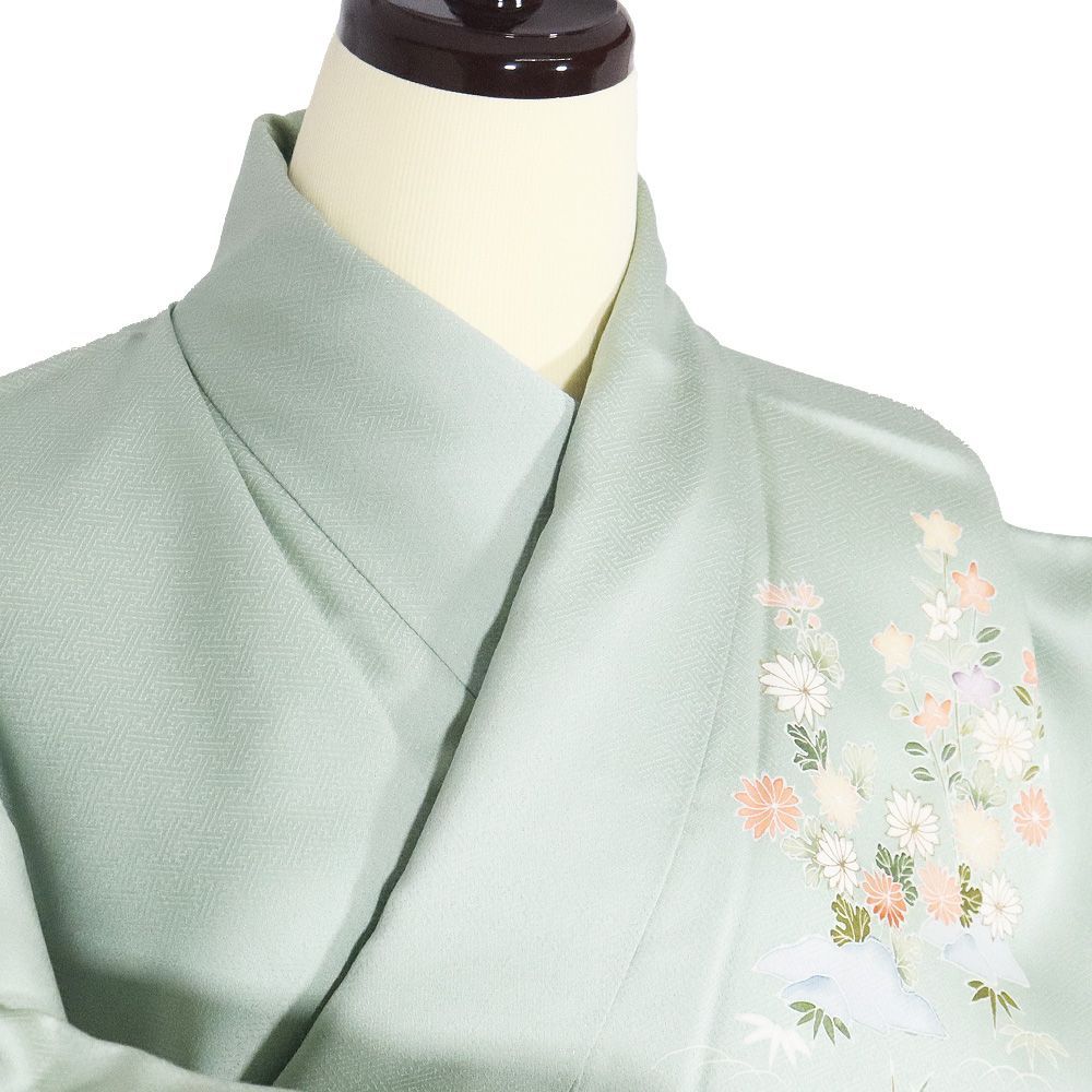  訪問着 袷 正絹 緑 茶屋辻 松竹梅 菊 桔梗 紅葉 水仙 菖蒲 SSサイズ ki 31609 レディース シルク ギフト フォーマル 訪問着 付け下げ 着物