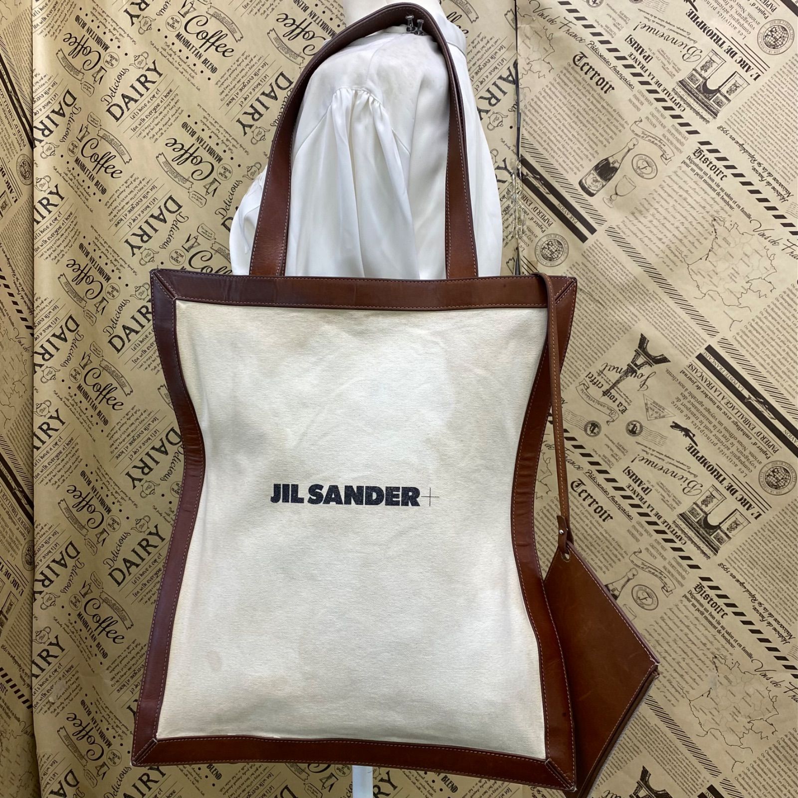 ジルサンダラー レザー トリム キャンバス ロゴ トート バッグ A 4 FY 74