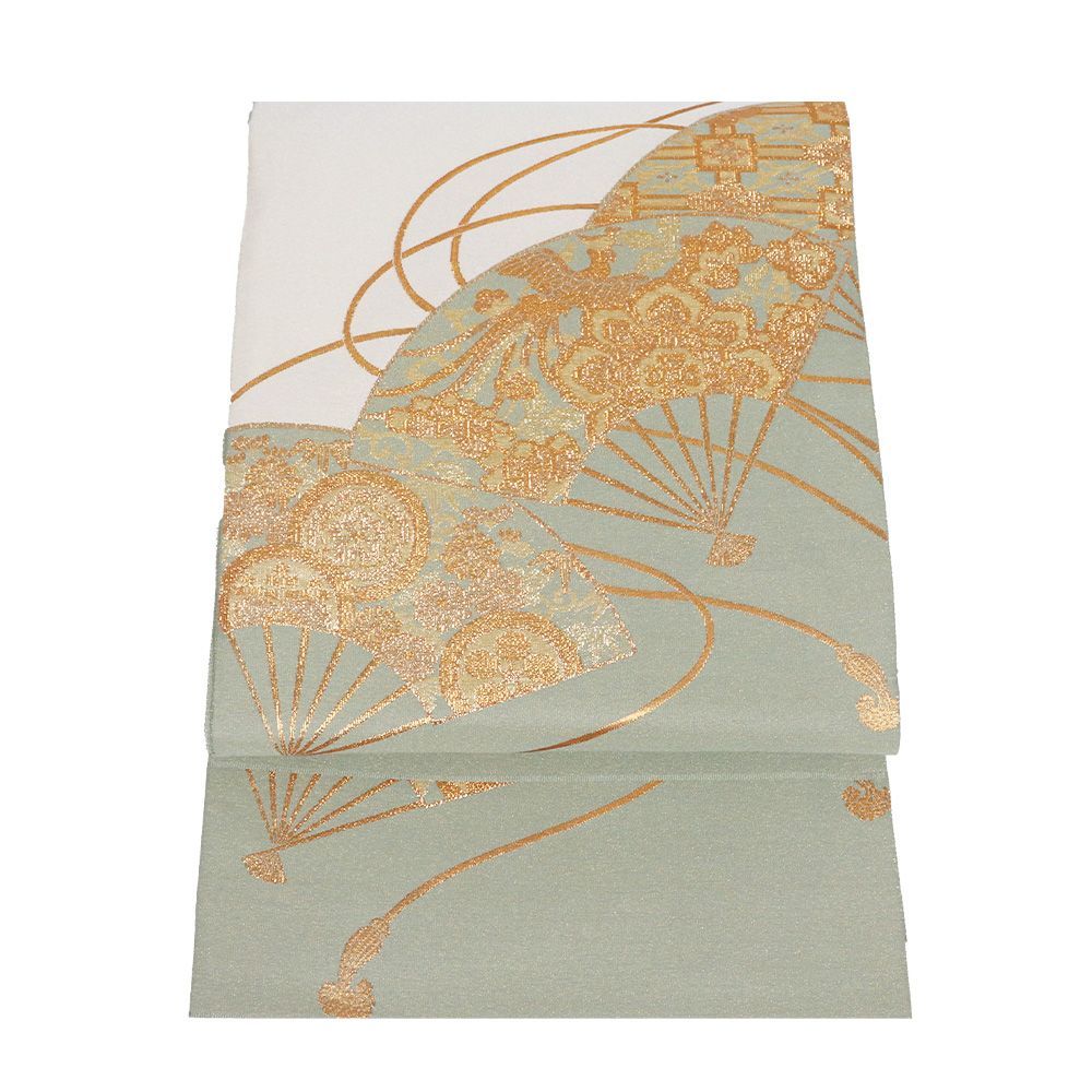 明綴れ 袋帯 正絹 扇面重蒔絵 緑 オフホワイト 金糸通し 金箔 檜扇