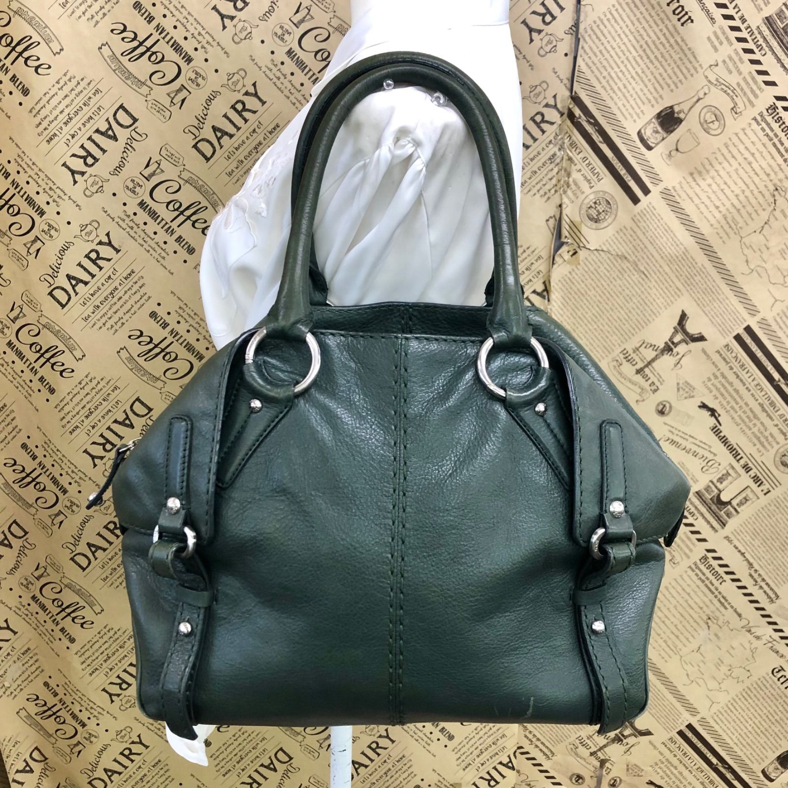 トッズ ハンドショルダー ボストンバッグ 革 緑 旅行 ビジネス FZ 418