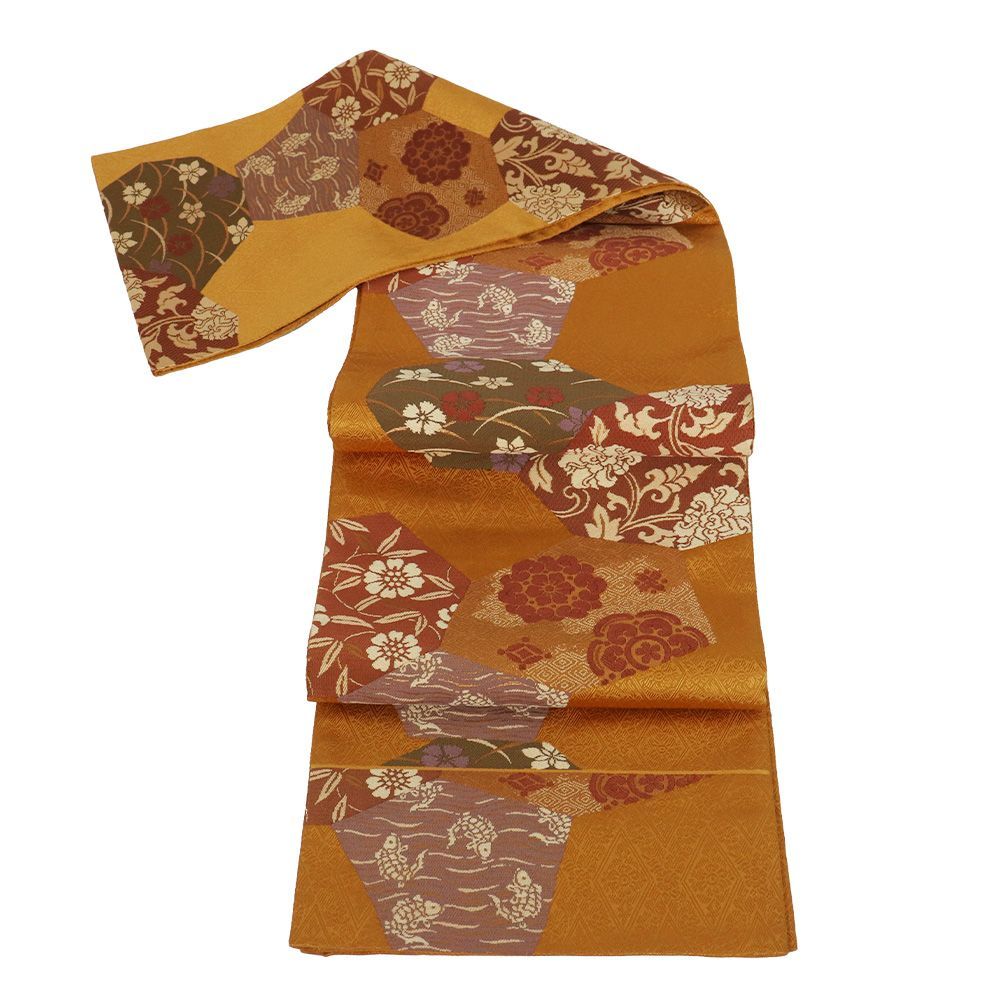 西陣織袋帯 正絹 金茶 唐花 華文 荒磯 裂取文 Lサイズ F8483 新品