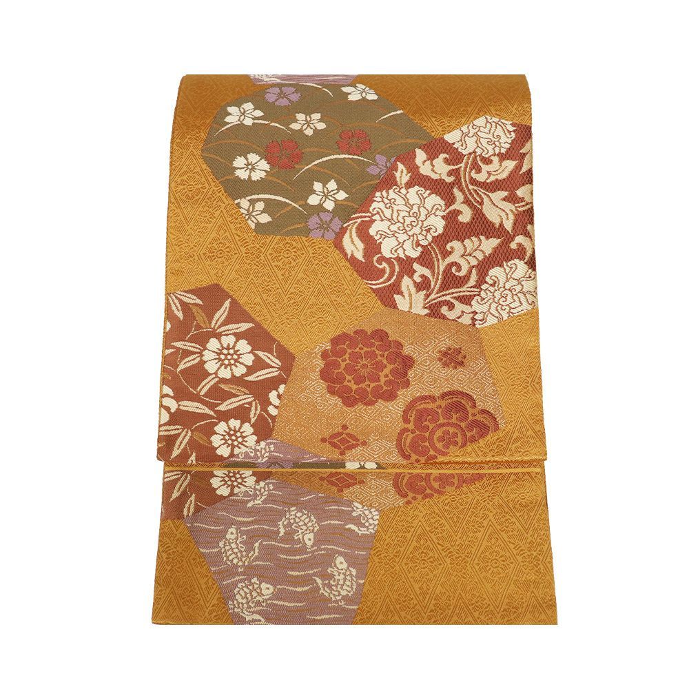 西陣織袋帯 正絹 金茶 唐花 華文 荒磯 裂取文 Lサイズ F 8483 レディース シルク ギフト フォーマル 30代 40代 50代 み