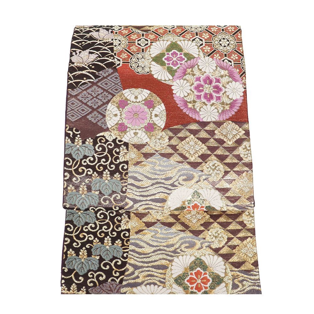 聚楽謹製 帝王紫 西陣織袋帯 正絹 紫 赤茶 緑 金 華文 鱗文 菱文 桐 蝶 Mサイズ F 8485 ♥品 レディース ギフト フォーマル み