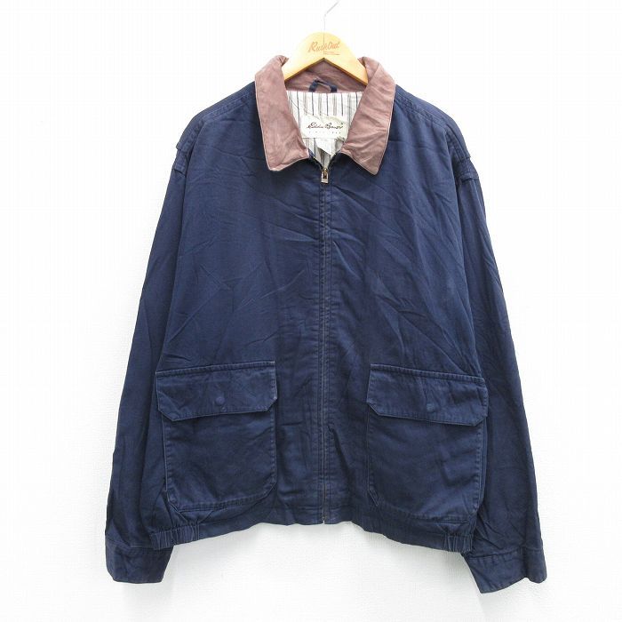 XL 古着 エディーバウアー 長袖 ジャケット スイングトップ メンズ 00年代 00 s 襟レザー 大きいサイズ コットン 濃紺 spe 25 nov 15